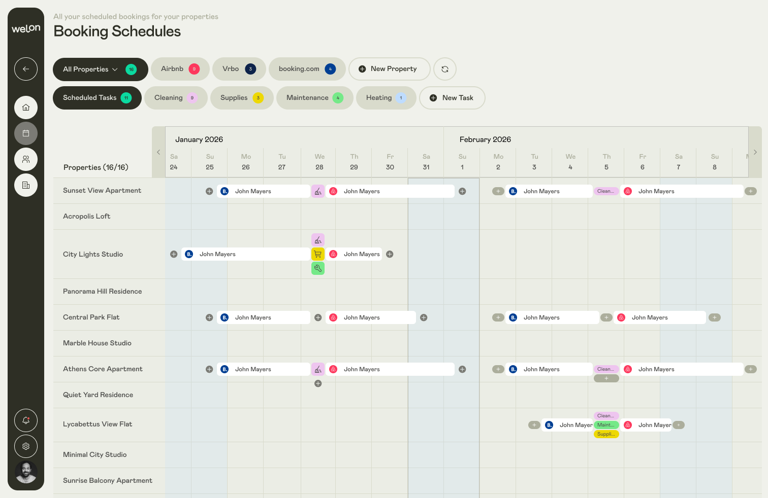 Welon booking schedule dashboard showing cleaning and maintenance tasks for short-term rental properties